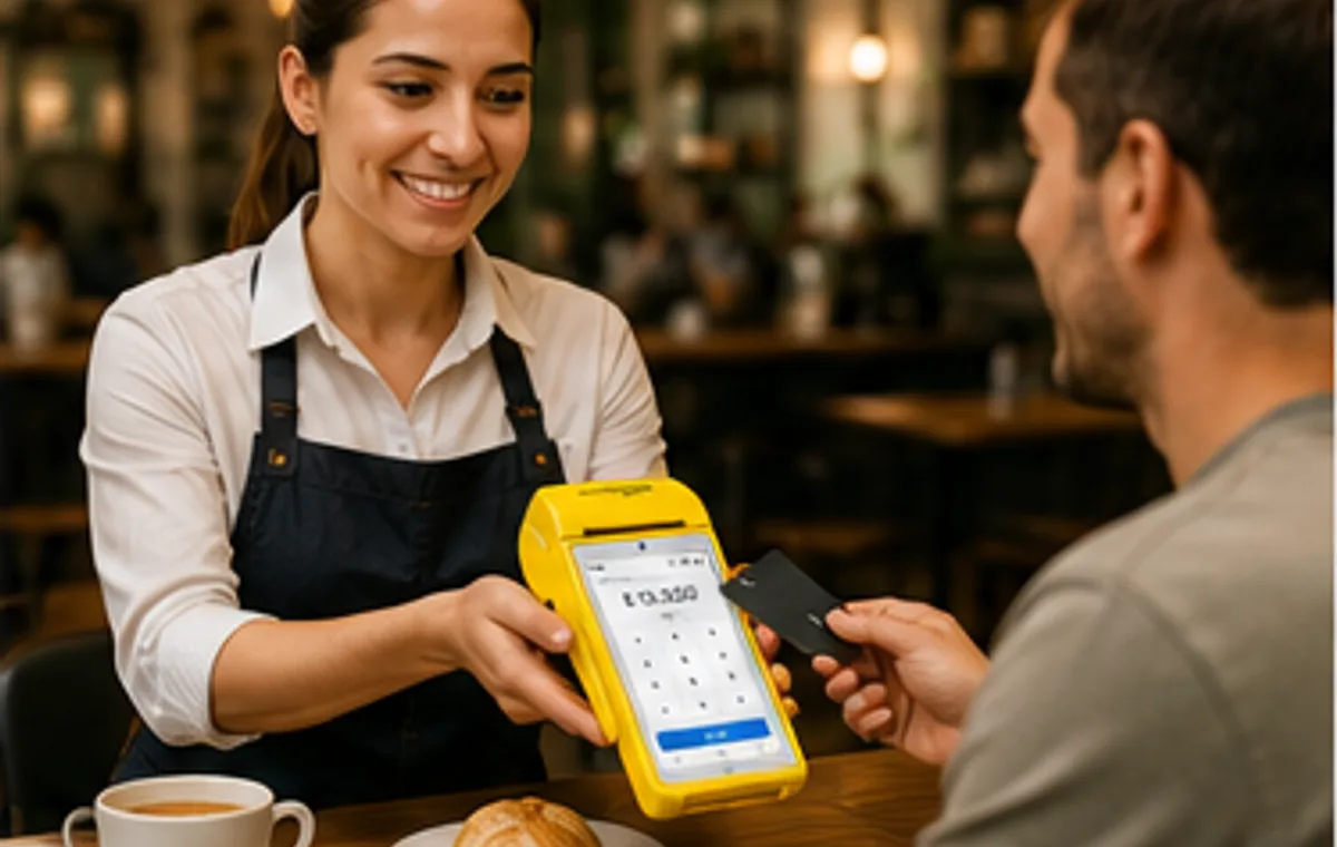 Cliente pagando con Point Smart 2 en cafetería o restaurante